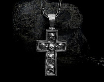 Skulls In Cross Necklace, Cross Crucifix, Goth Gothic Medieval, Skull Pendant, Skull Necklace, Gothic Pendant, Gothic Jewelry, Handmade
