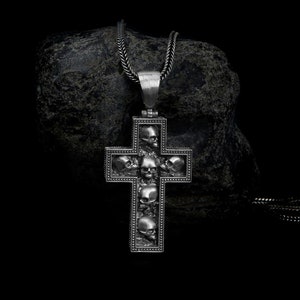 Skulls In Cross Necklace, Cross Crucifix, Goth Gothic Medieval, Skull Pendant, Skull Necklace, Gothic Pendant, Gothic Jewelry, Handmade image 1