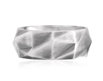 Faceted Geometric Band Ring, Handmade Sterling Silver Men’s Ring, Modern Minimalist Wedding Band, Unique Fashion Ring for Him