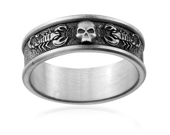 Skull & Scorpion Silver Band Ring, Gothic Skull Ring, Scorpio Symbol Ring, Dark Minimal Ring for Men