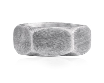 Hex Cut Geometric Band Ring, Sterling Silver Faceted Ring For Men, Modern Angular Design, Minimalist Wedding Band, Anniversary Gift