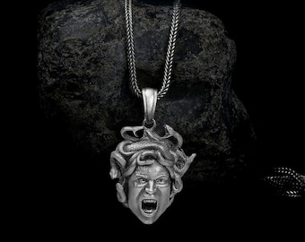 May include: A silver necklace with a pendant featuring a detailed, three-dimensional sculpture of Medusa's head. The pendant is hanging from a silver chain and resting on a dark gray rock.
