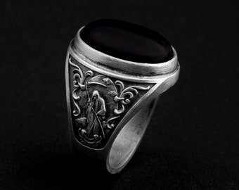 Men Onyx Ring, Black Onyx Signet Ring, Life and Death Jewelry for Him, Sterling Silver Ring, Black Stone Ring, Unique Gift for Men