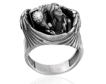 Winged Guardian Ring with White Stone, 925 Silver Angel Ring, Spiritual Jewelry, Celestial Ring, Handmade Symbolic Gift