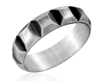 Silver Band Ring, Hammered Ring for Men, Minimalist Modern Sterling Silver Industrial Jewelry