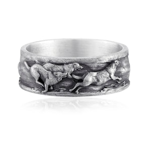 Unique Wolf Family Silver Band, Rustic Men&#39;s Nature Ring, Wildlife Jewelry Gift, Sterling Silver Animal Ring for Him, Handmade Gift