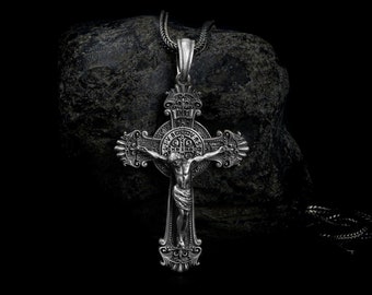 Gothic Crucifix Cross Necklace for Men, Silver Jesus Pendant, Catholic Gift, St Benedict Cross, Christian Jewelry, Mens Cross Pendant