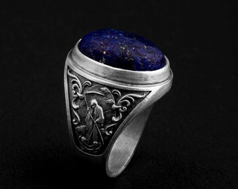Lapis Lazuli Leben und Tod Edelstein Ring, Leben und Tod doppelseitiger Ring, Sensenmann und Leben Engel okkulter Ring, Gothic Ring