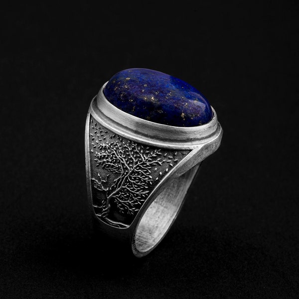 Bague arbre de vie en lapis lazuli, arbre de vie, bijoux nature, bague de promesse pour homme, alliance celtique, bague homme en pierres précieuses, fait main