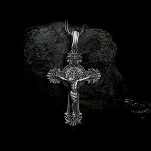 Gothic Crucifix Cross Necklace for Men, Silver Jesus Pendant, Catholic Gift, St Benedict Cross, Christian Jewelry, Mens Cross Pendant