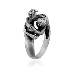 Lovers’ Embrace Ring, 925 Sterling Silver Couple Ring, Romantic Kiss Ring, Anniversary Gift, Handmade Love Ring, Artistic Couple Jewelry