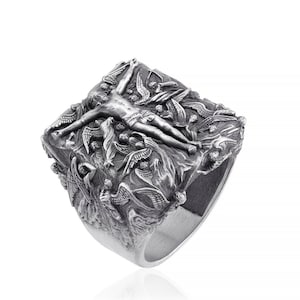 Kruisigingsring met Jezus en engelen in zilver, Jezus sterlingzilver mannen sieraden, christelijke religieuze sieraden, katholieke man cadeauringen