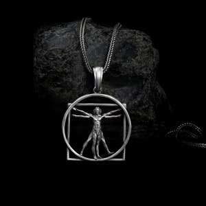 Zilveren ketting man van Vitruvius, hanger da Vinci renaissancekunst, zinvol cadeau voor mannen, renaissancesieraden, uniek cadeau voor hem