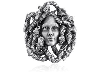 Anillo de Medusa Gorgona, Anillo de Medusa, Anillo de Serpiente para Hombre, Joyería Gótica, Anillo Antiguo, Medusa de Arte Griego, Joyería de Medusa, Anillo de Plata Antiguo