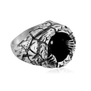 The Summoned Spirit Ring in Sterling Silver, Gothic Silver Ring with White Gemstone Eye, Horror Band for Men, Spirit Jewelry