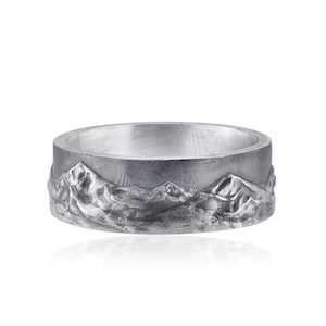 Mountain Silver Ring, Nature Wedding Band, Hiking Lover Gift, Adventure Ring, Sterling Silver Band, Outdoor Jewelry, Gift for Him & Her