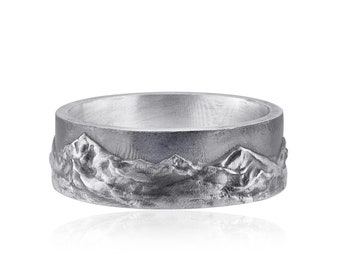 Mountain Silver Ring, Nature Wedding Band, Hiking Lover Gift, Adventure Ring, Sterling Silver Band, Outdoor Jewelry, Gift for Him & Her