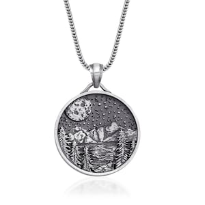 Silver Forest and Mountain Necklace, Full Moon Pendant, Nature-Inspired Jewelry, Celestial Oxidized Necklace, Unique Gift for Family
