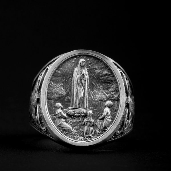 Bague religieuse Notre-Dame de Fatima, chrétienne, Fatima, Sainte Mère, Catholique, Bagues catholiques, Bijoux catholiques, Bijoux religieux, Bague pour hommes