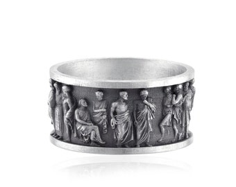 Ancient Greek Detail Band Ring, Heavy Stylish Band Ring, Mythology Ring For Dad, Grecian Mens Wedding Band Ring in Oxidized Sterling Silver