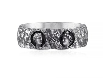 Greek Sculpture Ring, 925 Sterling Silver Ancient Art Band Jewelry for Men