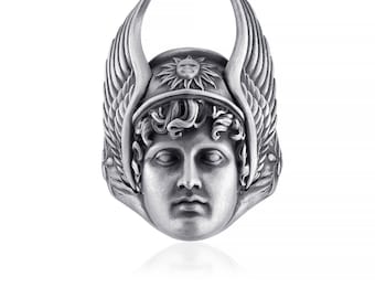 Hermes Winged Helmet Ring for Men, 925 Sterling Silver Greek God Statement Ring, Personalized Mythology Jewelry Gift