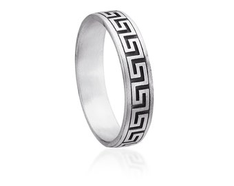 Bague méandre clé grecque, jonc ancien en argent sterling, bijoux symbole de l'éternité, alliance pour homme, cadeau inspiré de la mythologie