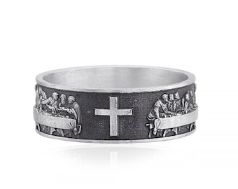 Last Supper Cross Religious Signet  Ring, Christian Gift, Cross Jewelry, Christian Band Ring, Cross Religious Ring, Religious ring, Handmade