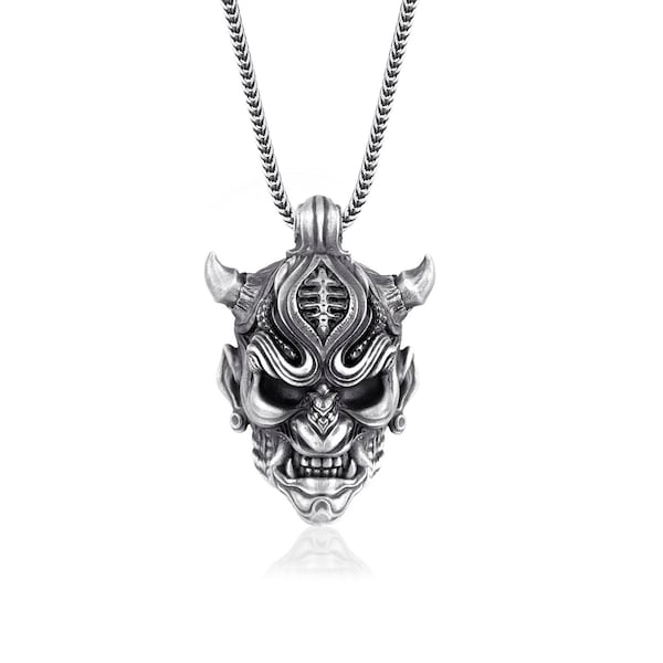 Oni Mask Sterling Silver Necklace, Japanese Art Oni Mask Necklace For Boyfriend, Female Demon Necklace For Girlfriend, Devil Punk Necklace