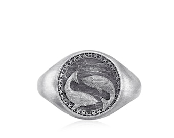 Zodiac Horoscope Pisces Ring in Oxidized Silver, Zodiac Pinky Signet Ring in Oxidized Silver, Pisces Horoscope Ring , Astrology Jewelry