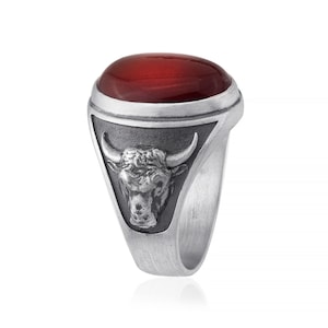 Carnelian Taurus Bull Gemstone Ring, Taurus Ring, Biker Ring, Silver Zodiac Ring, Constellation Ring, Taurus Zodiac Sign, The Bull