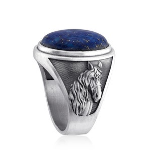 Horse Engraved Lapis Lazuli Stone Silver Men Ring, Animal Ring, Men Gemstone Ring, Blue Stone Ring, Horse Gift Ring, Horse Lover Gift