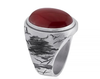 Handcrafted Broken Carnelian Silver Men’s Signet Ring, Men Gemstone Signet Mens Ring, Gemstone Gift Rings, Red Agate Ring, Gift For Husband