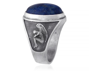 Anillo de ángel con lapislázuli, anillo con alas de ángel, piedra natal de junio, joyería bohemia, anillo de ángel, joyería de ángel, joyería con alas de ángel