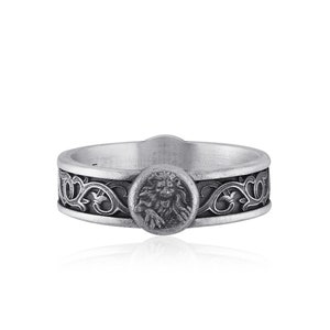 Zodiac Leo Lily Motifs Band Ring, Lion Band Ring, Horoscope Jewelry, Leo Mens Engagement Ring, Animal Ring, Anniversary Gift, Gift For Him