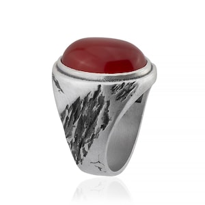 Worn Square Carnelian Silver Men Ring, Gemstone Signet Mens Ring, Gemstone Gift Rings, Red Agate Ring, Unique Ring, Silver Husband Ring