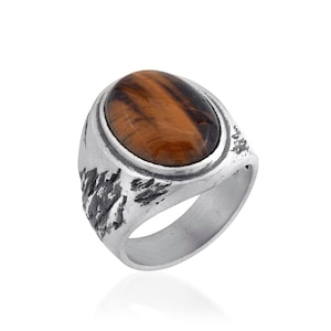 Worn Square Tiger&#39;s eye Silver Men Ring, Gemstone Signet Mens Ring, Signet Gemstone Gift Rings, Tiger&#39;s eye Ring, Unique Ring, Silver Signet