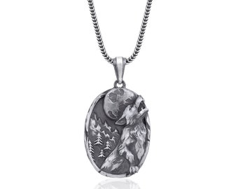 Howling Wolf Silver Necklace, Sterling Full Moon, Wolf Moon Pendant, Wolf Necklace, Engraved Mens Pendant, Wild Animal Lover Jewelry