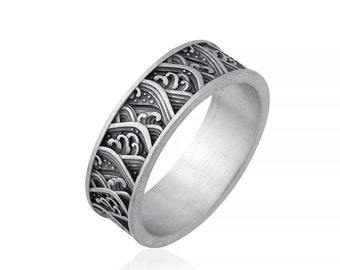 Mens Signet Ring, Sterling Silver Great Wave Kanagawa, Japanese Art Ocean Jewelry