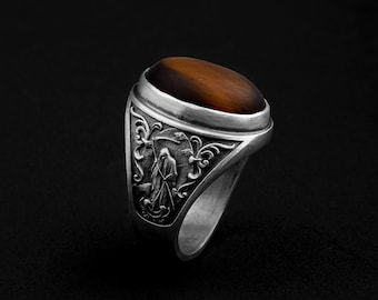 Tiger’s Eye Sterling Silver Ring, Life and Death Gemstone Men’s Ring, Handmade Signet Ring for Him, Unique Statement Jewelry