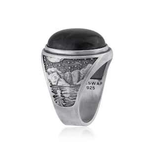Berge Natürlicher Labradorit Stein Herrenring in Sterling Silber, Blauer Edelstein Ring für Männer, 925 Sterling Silber Siegelring für Männer