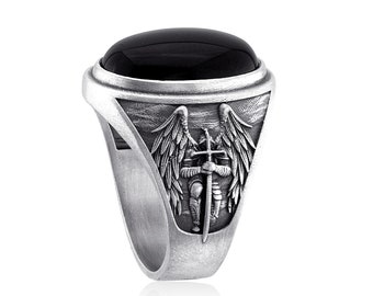 Black Onyx Saint Michael the Archangel Ring, Black Gemstone Signet Rings, Sterling Silver Signet Ring, Catholic Gifts, Husband Gift Ring