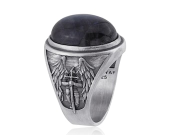 大天使聖ミカエルのシルバー製メンズリング、ブルーラピスラズリの宝石