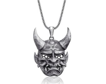 Hannya Mask Oxidized Necklace, Oxidized Hannya Mask Necklace in Silver, Demon Gothic Necklace For Boyfriend, Devil Necklace in Goth