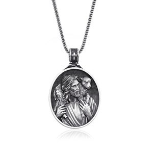Collana in argento da uomo con Gesù pastore, regali cristiani, gioielli cattolici, medaglione in argento massiccio di Gesù, ciondolo da uomo con Gesù cattolico, ciondolo regalo