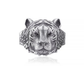 Anillo de cabeza de tigre de plata hecho a mano, joyería de animales salvajes, regalo para amantes de los tigres, anillo de tigre 3D, anillo de tigre realista, joyería única para hombre