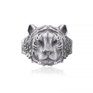 Handmade Silver Tiger Head Ring, Wild Animal Jewelry, Tiger Lover Gift, 3D Tiger Ring, Realistic Tiger Ring, Unique Men’s Jewelry