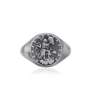 Zodiac Horoscope Aquarius Ring in Oxidized Silver, Zodiac Pinky Signet Ring in Oxidized Silver, Aquarius Horoscope Ring,Aquarius Silver Ring
