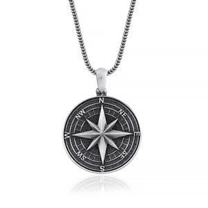 Silver Compass North Star Necklace, Compass Pendant for Men, Engraved Compass Jewelry, Travel Charm Necklace, Gift for Him or Her