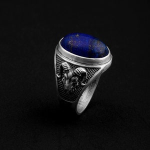 Lapis Lazuli Aries Ram Head Gemstone Ring, Lapis Lazuli Man Ring, Mens Lapis Lazuli Ring, Aries Silver Ring, Ram Ring, Mens Gemstone Ring